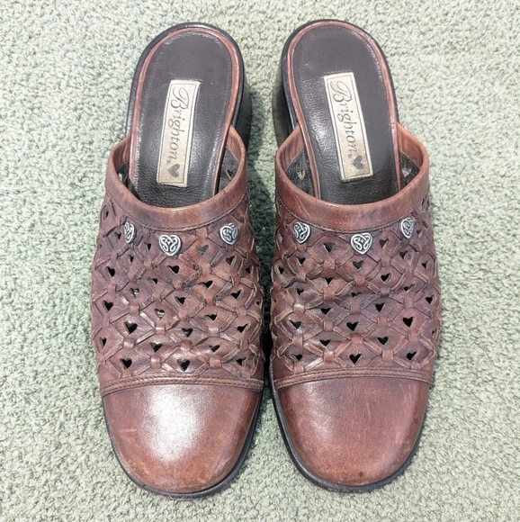 Brighton Brown Heart Cut-Out Leather Slip-On Heeled Mules Size 8.5 Cottagecore - Picture 2 of 11